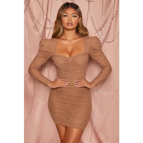 New Winter Dress 2020 Women Mesh Ruffle Bubble Long Sleeve Sexy Mini Bandage Dress Brown Celebrity Vestidos Sheath Elegant Hot