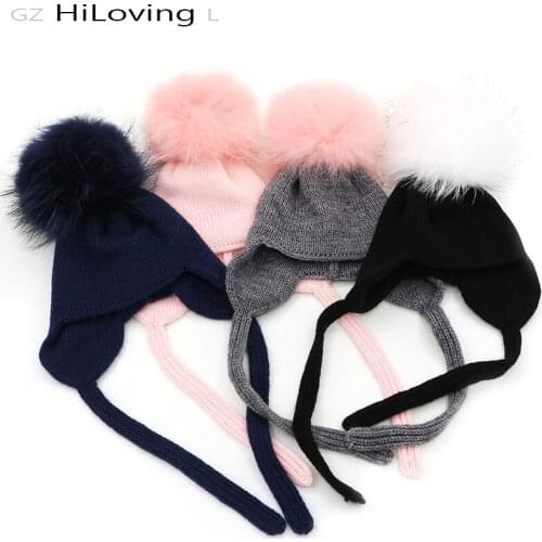 GZHilovingL New 1-8 month Baby Boys Girls Winter Fur Hat Thick Warm Double-layer Wool Ears Fur Ball Hat Girls Winter Beanie Hats