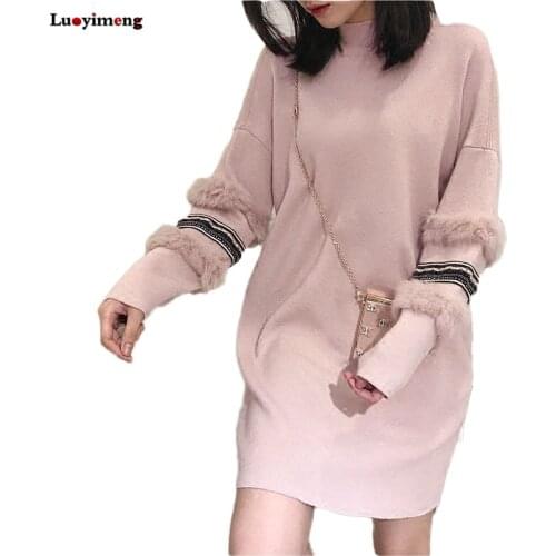 Winter Women Loose Turtleneck Rabbit Fur Sleeves Christmas Sweater Dress Turtleneck Knit Long Pullovers Loose Women Jumper Pull