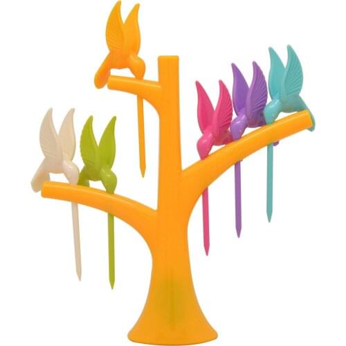 7pc Birds Tree Shape Fruits Fork Plastic Vegetable Fork Hummingbird Cartoon Fruit Stick Cake Stick Mooncake Fork Toothpick