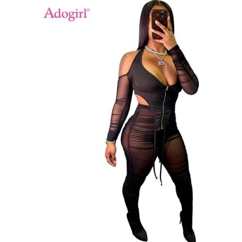 Adogirl Women Sexy Sheer Mesh Two Piece Set Halter Off Shoulder Long Sleeve Zipper Irregular Top Pleated Pants Club Suit