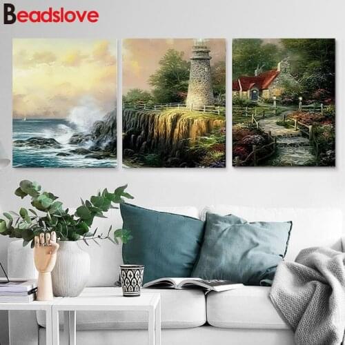 Diamond Painting seaside lighthouse scenery Diy Full Square Drill Diamond Embroidery 5D Diamond Mosaic Triptych Home art