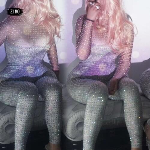 Full Rhinestone Long Sleeves Sparkly Jumpsuit Sexy Stage Outfit Birthday Party Celebrate for Women Dance Bodysuit Legging Outfit