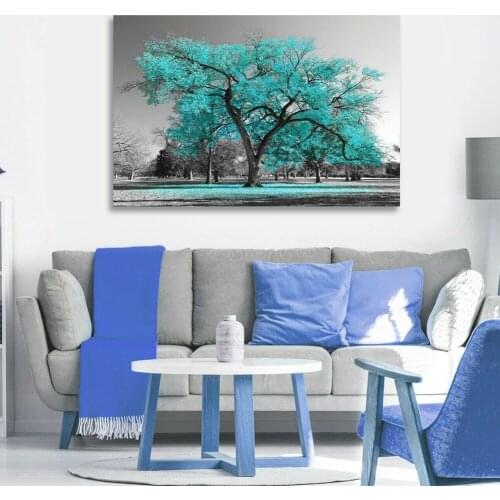 Large Print Painting Tree Teal Turquoise Leaves Canvas Wall Art Picture