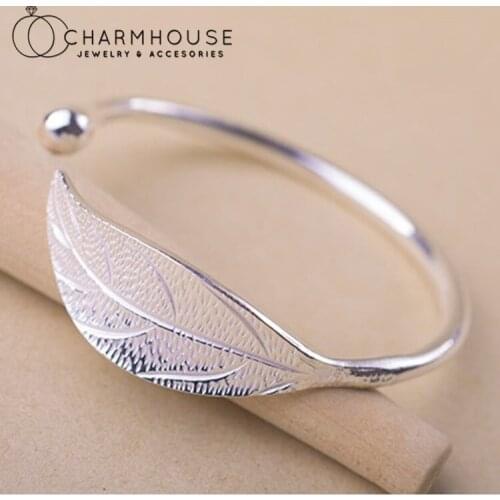 Pure Silver Cuff Bangles For Women Big Leaf Open Bangle & Bracelet Pulseira Femme Trendy Jewelry Acceossories Party Gifts Bijoux