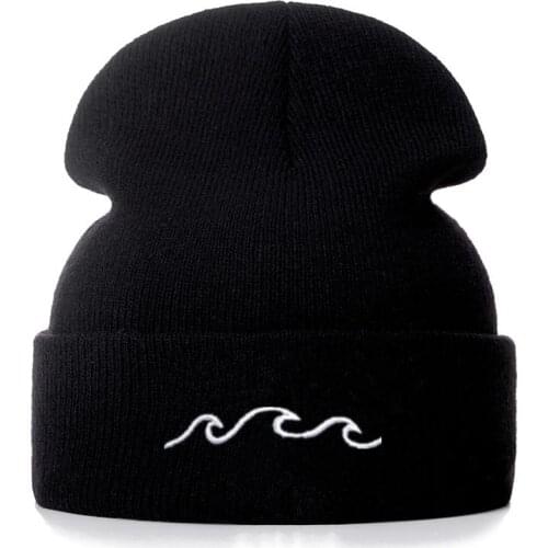 Sea Wave Cotton Embroidery Casual Beanies for Men Women Knitted Winter Hat Solid Hip-hop Skullies Bonnet Unisex Cap