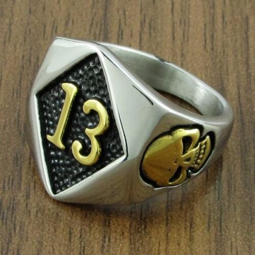 Classic 316L Stainless Steel Indirect Golden Plated Great Skull Head Number 13 Ring Jewelry