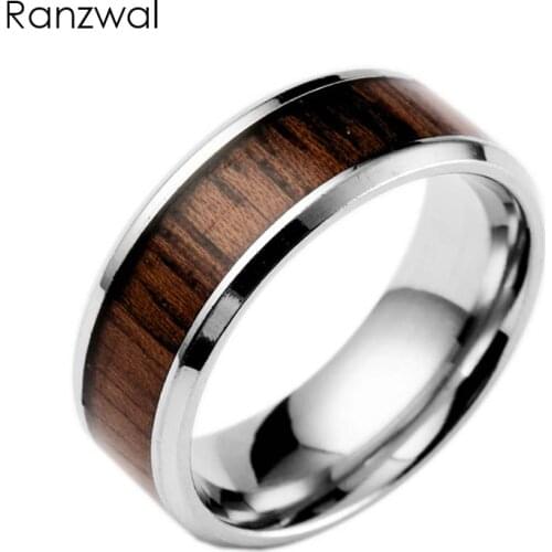 Ranzwal Wood Inlay Stainless Steel Rings for Men Women Titanium Wedding Band Jewelry US SIZE 6~13