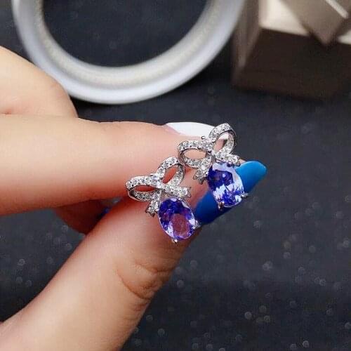 Fashion Silver Bow-knot Stud Earrings with Gemstones 5*7mm 100% Natural Tanzanite Silver Earrings 925 Silver Tanzanite Earrings