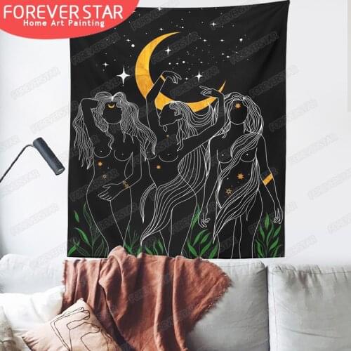 Moon woman Tapestry Wall Hanging Psychedelic Art Tapestries Simple Line Wall Cloth Psychedelic Women Yoga Carpet Boho Decor