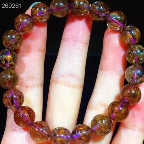 Genuine Natural Cacoxenite Auralite 23 Red Purple Bracelet 10.3mm Rare Canada Women Men Round Beads Gold Rutilated AAAAAA