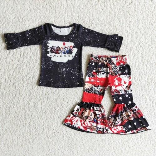 Fall Winter Girls Black Bleached Top Cartoon Bell Bottom Pants Kids Halloween Sets Ready To Ship Clothes