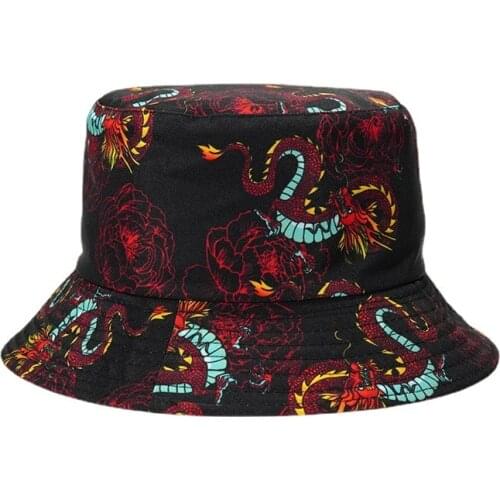 Reversible Bucket-Hats Hip Hop Dragon Print Sunscreen for Men Women Fisherman Cat Cotton Fashion Outdoor Leisure Panama Hat