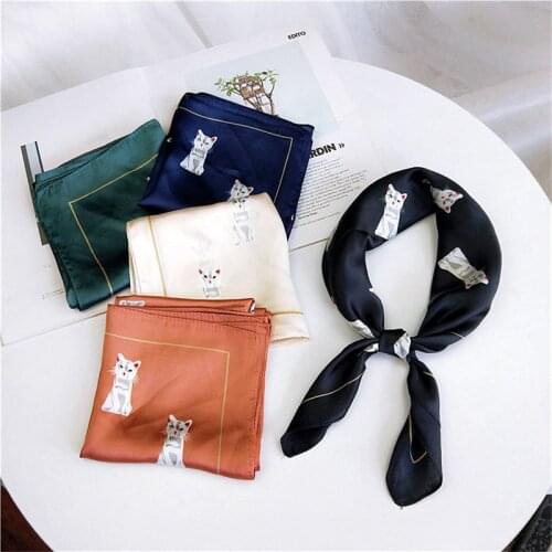 60*60cm New Elegant Women Silk Scarf Foulard Print Cat Head Neck Bandana Hair Tie Band Bufanda Mujer Small Vintage Square Scarf