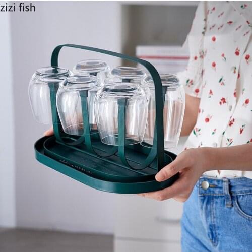 Iron Art Cup Holder with Drain Tray Transparent Glass Cup Six-piece Suit Metal Upside Down Storage Cup Holder Home Teaware Sets