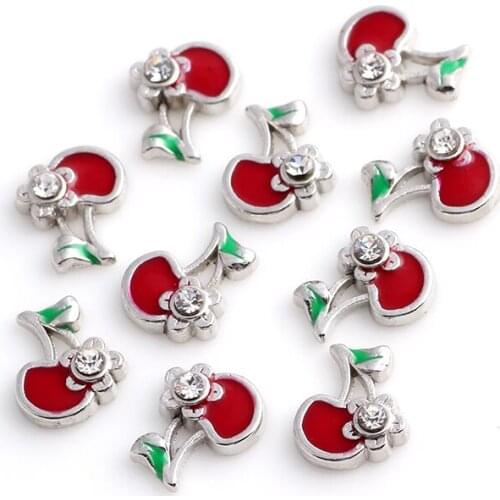 F113 New Desgin 20pcs/lot Red Cherry Charm With Rhinestone Fit Floating Glass Charm Lockets