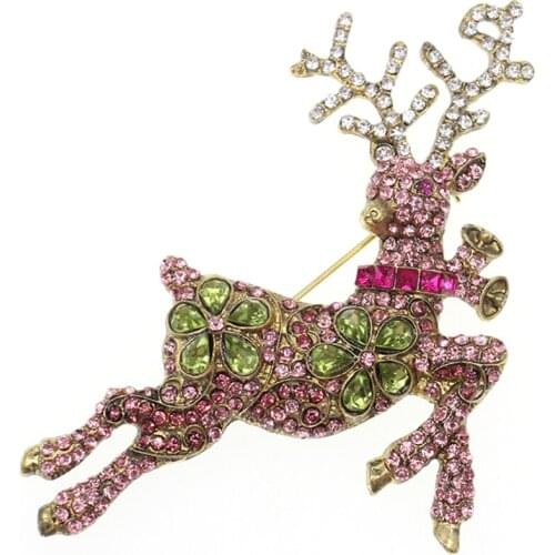 Christmas Gift Rhinestone powder tone green Cute animal pattern Deer brooch pin