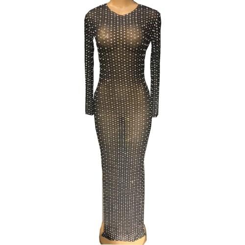 Sexy Black Nude Mesh Perspective Sparkly Rhinestone Pearls Long Dress Women Evening Fashion Celebrity Birthday Prom Party Outfit