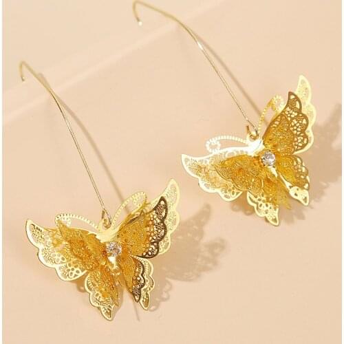 Bohemian Female Fashion Gold Copper Metal 3D Stereoscopic Butterfly Drop Earrings For Women Trendy Long Dangle Earring Girl Gift