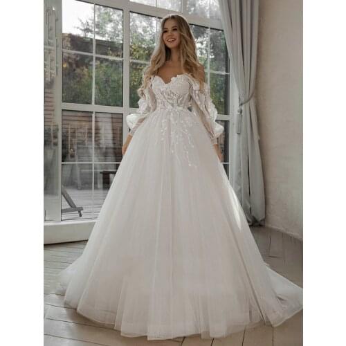 Bling Tulle Floral Appliques Wedding Dress Beach Long Flutter Sleeves Beading Princess 2021 Lacing Bridal Ball Gown Custom Made