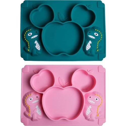 Baby Training Feeding Food Bowl Cartoon Dinosaur Silicone Suction Divided Plate Q1FE