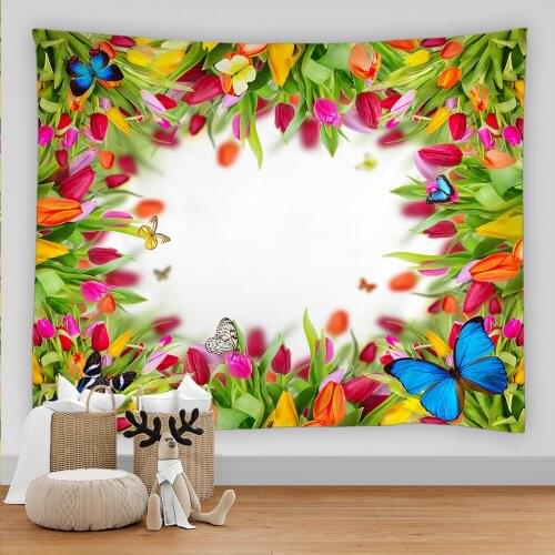 Fresh Flowers Tulips Butterfly Psychedelic Tapestry Boho Mandala Wall Hanging 3D Hippie Wall Tapestry Home Decor Mint Yoga Mat