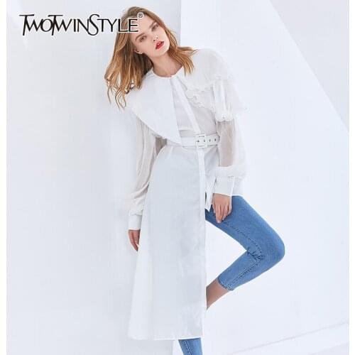 TWOTWINSTYLE Asymmetrical Patchwork Ruffle Shirt For Women O Neck Long Sleeve Irregular Hem Casual Shirts Female Fashion Clothes