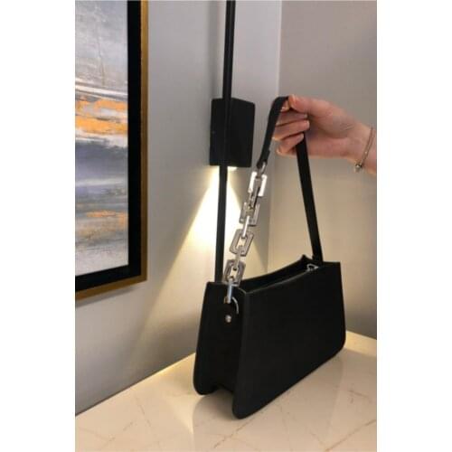 Womens Black Shoulder Strap Chain Detail Baguette Crossbody Fashion Retro Female Luxury Handbag