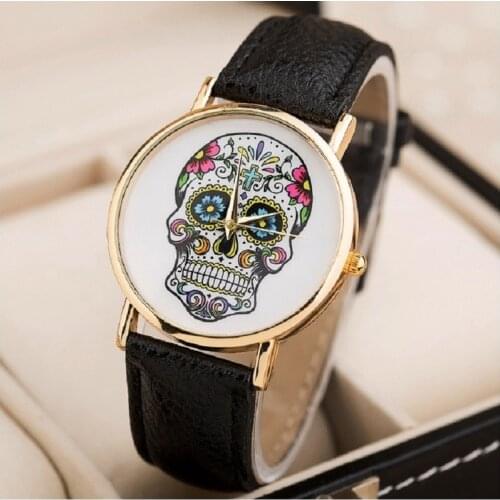 Top Skull Women Watch Mexican Catrina Flowers Cross Pu Leather wristwatch Girl Vintage Fashion casual geneva style Reloj A708