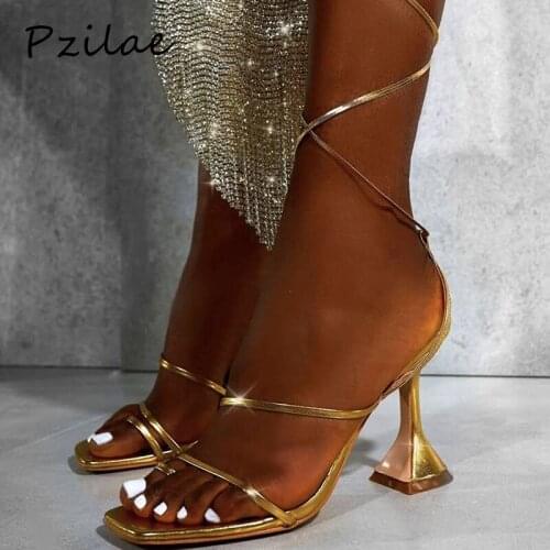 Pzilae 2021 Summer new fashion narrow band women gladiator sandals shoes ladies square open toe cross strap high heels sandals