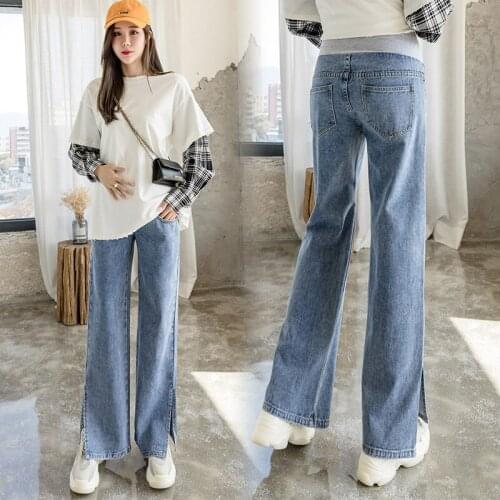 Women Wide Leg Pants Side Split Denim Maternity Full Long Jeans Belly Loose Pants Clothes for Pregnant Women Pregnancy Trousers