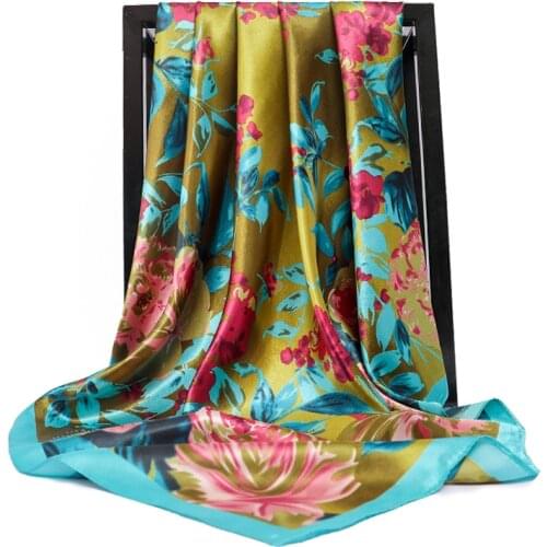 Fashion Silk Satin Neck Scarves For Women Square Shawls Floral Printed Kerchief Hijab Scarf Female 90*90cm Bag Scarfs For Ladies