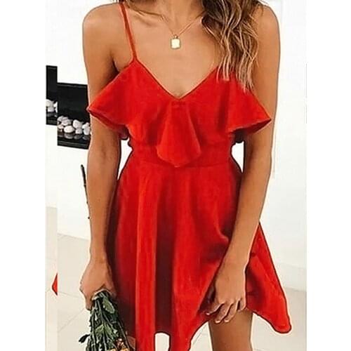 SKMY Solid Color Ladies Backless Cross Lace-Up V-Neck Ruffled Spaghetti Strap Red Dress A-Line Sexy Club Outfits For Women