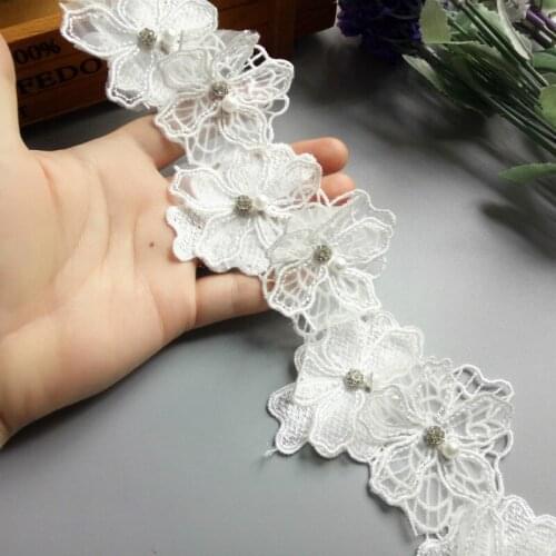 10pcs/lot White Pearl Flower Organza Embroidery Fabric Lace Patch Trim Clothes 3D Beading Flower Wedding Dress DIY Applique 8cm