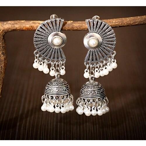 Antique Indian Jhumka Fan-Shape Hollow White Beads Tassel Dangle Earrings For Women Boho Ethnic Afghan Thailand Gypsy Jewelry