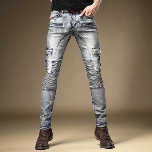 Free Shipping New male autumn and winter jeans mens straight trendy brand high-end motorcycle tooling denim pants trousers men