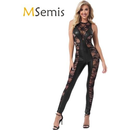 Black Womens Patent Leather Bodysuit Underwear Lingerie Round Neck Sleeveless See-through Embroidered Lace Patchwork Jumpsuit