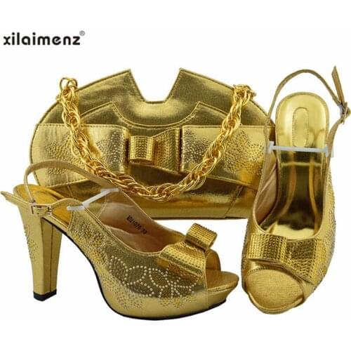 Pu Leather Nigerian Ladies Shoe and Bag Set Italian Party Shoes and Bag in Golden For Royal Wedding Party 2019 Special Style