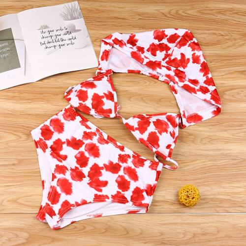 Two Piece Rose Print Hooded Swimwear Womens Sexy Split Bikini Sets Fashion Lace-Up Camisole High Waist Thong Beach Bathing Suit