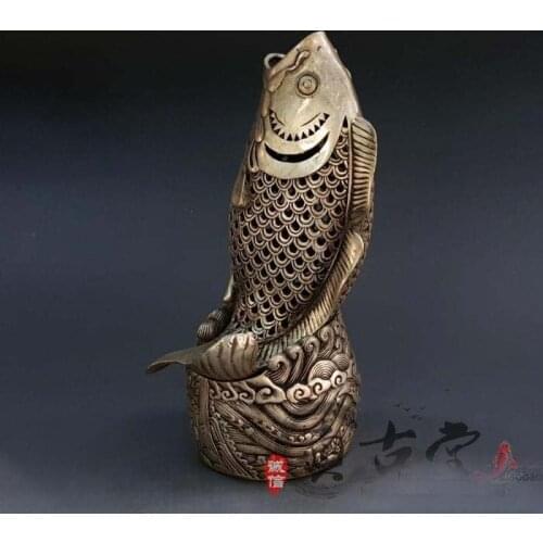 TOP collection # Home OFFICE Decor COOL art -old Vintage silver fish sculpture silver plating censer burner ART statue