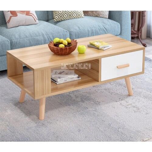 BO-003 Minimalist Modernity Coffee Table Rectangular Teapoy 1-Drawer Modern Living Room Side Table Solid Wooden Leg Tea Table