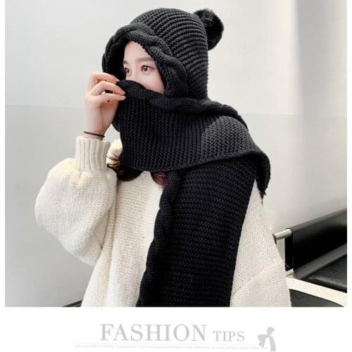 New Arrival Woollen Hat Autumn Winter Versatile Scarf Integrated Hat Lovely Hair Bulb Ear Protector Thickened Warm Knit Hat