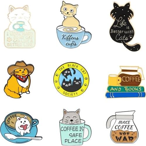 Custom Catpuccino Coffee Kitten Enamel Pin Brooch Coffee and books Badge Bag Clothes Lapel Pins Animal Jewelry Gifts for Friends