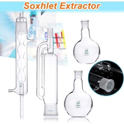 Professional 500ml Lab Glass Soxhlet Extractor Condenser Set with Two 24/29 Flat Bottom Flask 305MM 45/40 Tube Lab Glassware Kit