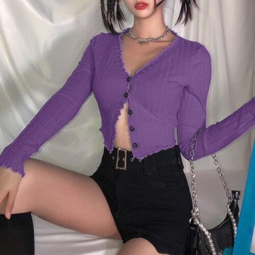 Y2K Solid Ribbes Single-breasted Ruffles Knitted Crop Tops Sweet E-girl V-neck Long Sleeve Blue Cardigan Tops кардиган женский