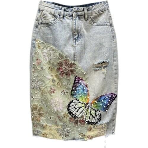 Heavy work spring summer vintage beading sequined denim skirt women high waist hole a-line skirt