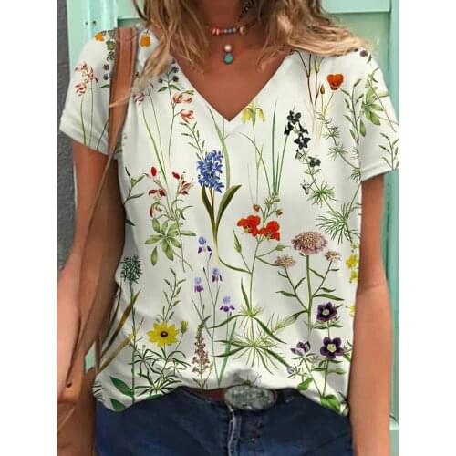 Floral Printed 3d Women T-shirt Casual V-neck Short Sleeve Summer Ladies Flower Fashion New Loose Street Female 5xl Tee