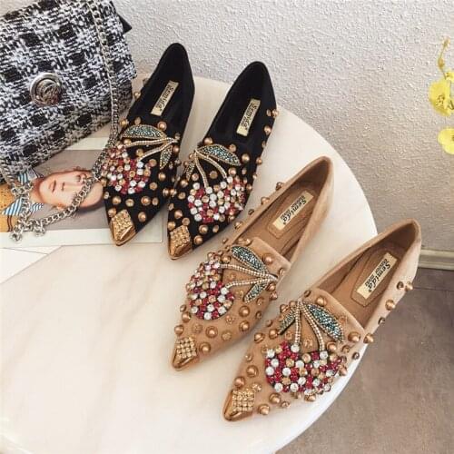 Koovan Womens Flats Larger Size 43 Single Shoe Female 2021 Spring New Cherry Rivet Single Diamond Point Shoes Flat Rhinestone