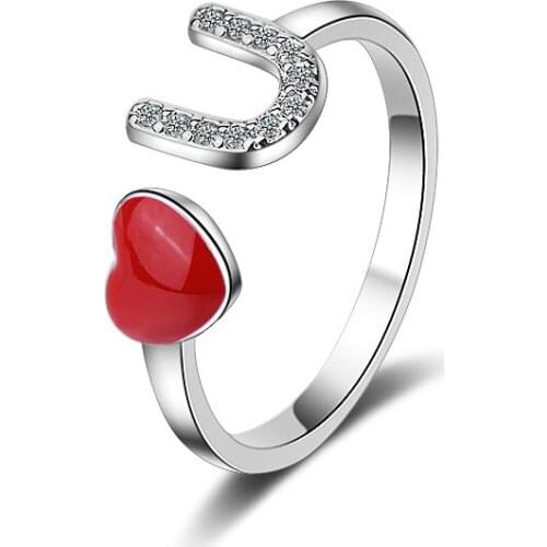 New 925 Sterling Silver Romantic Red Love You Heart Crystal Women Wedding Gift Ladies`finger Rings Jewelry Gift Open Ring