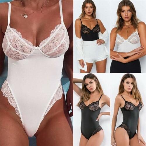 Womens Sexy Lace Trim Deep V Neck Sleeveless Bodysuit Tong Plain Spaghetti Strap Tank Leotard Bodysuit Romper